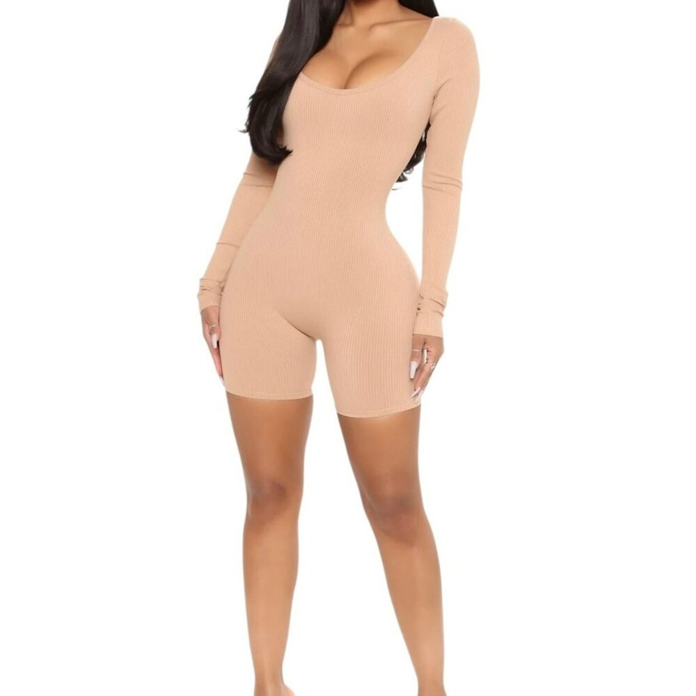 Mya Daisy Snatched Ribbed Romper Beige Long Sleeve XL Fashion Nova NWT